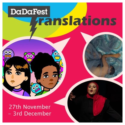 Colourful advert for festival featuring speech bubbles with artist images inside them and the word Translations