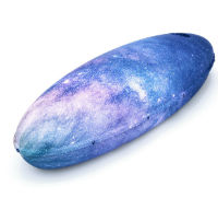 A photo of a blue rounded coffin painted in a blue pattern of the galaxy