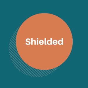 Orange circle containing the word 'Shielded' against a turquoise background