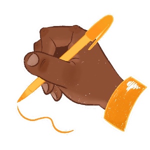 Hand holding a pen on a white background