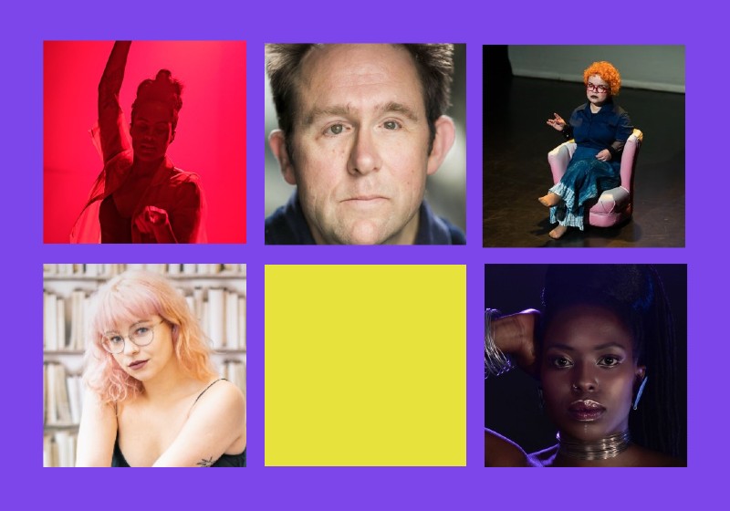 Headshots of four panelists against a bright purple background