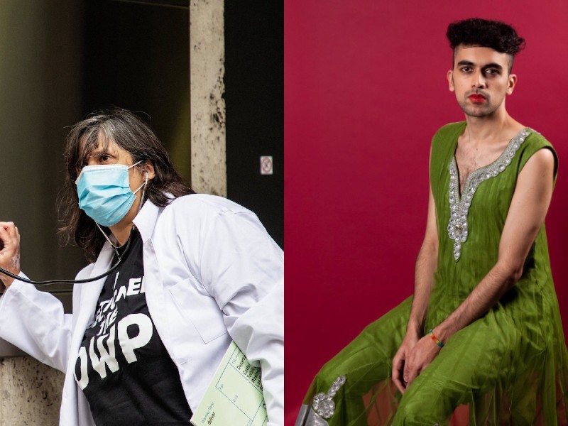 Dolly Sen wearing doctor coat with a stethoscope and mask, Vejay Patel sits in green dress