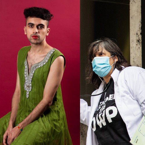 Dolly Sen wearing doctor coat with a stethoscope and mask, Vejay Patel sits in green dress