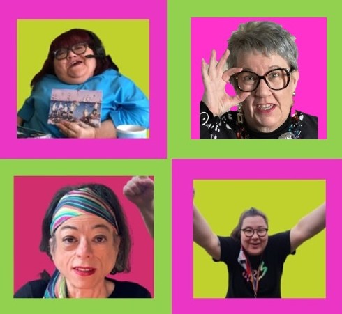 Against a brightly coloured background, 4 images of 4 women