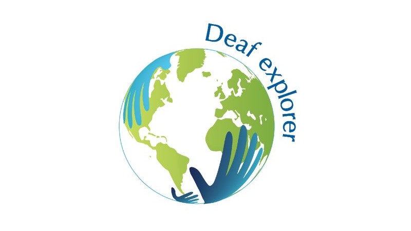 Deaf Explorer logo - illustration of planet Earth with a pair of hands holding it from below