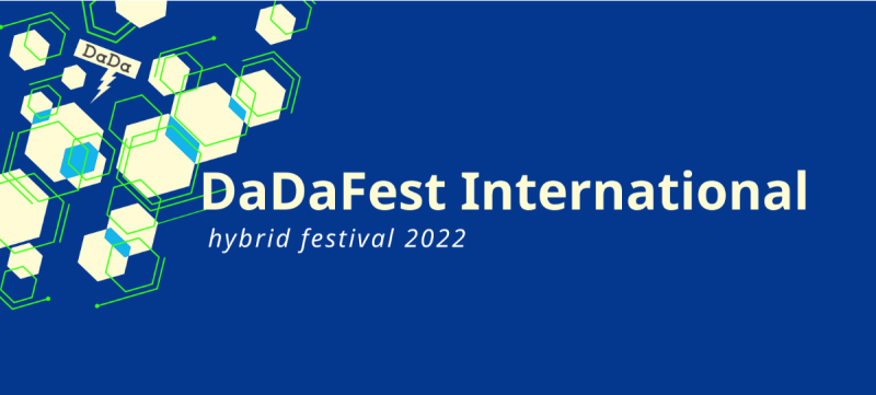 DDFI2022 FEstival banner image which is blue with yellow and green hexagon designs over