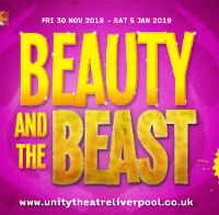 A graphic with the words Beauty and the Beast in golden letters on a vibrant purple background.