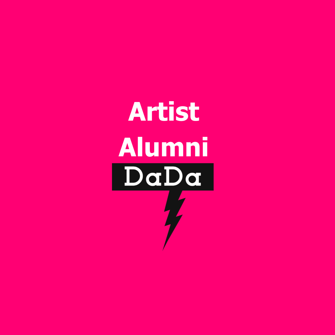 DaDa logo on pink background with wording 'Artist Alumni'