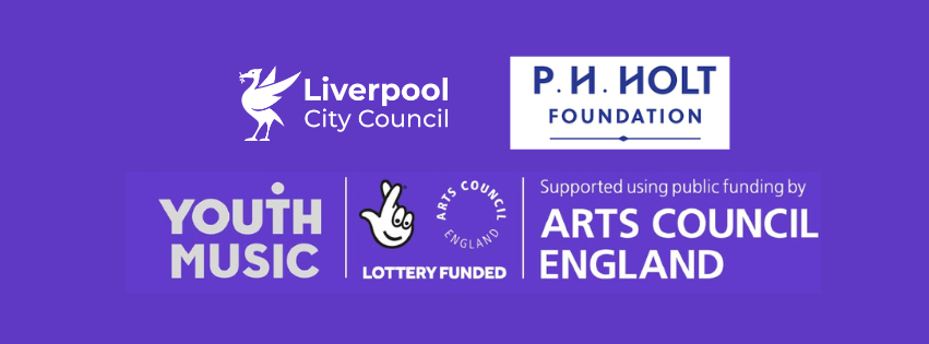 Purple block with funder logos Liverpool City Council, PH Holt Foundations, Youth Music and Arts Council
