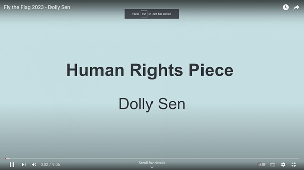 Youtube screen showing words 'Human rightspiece, Dolly Sen' in black writing on a light blue background