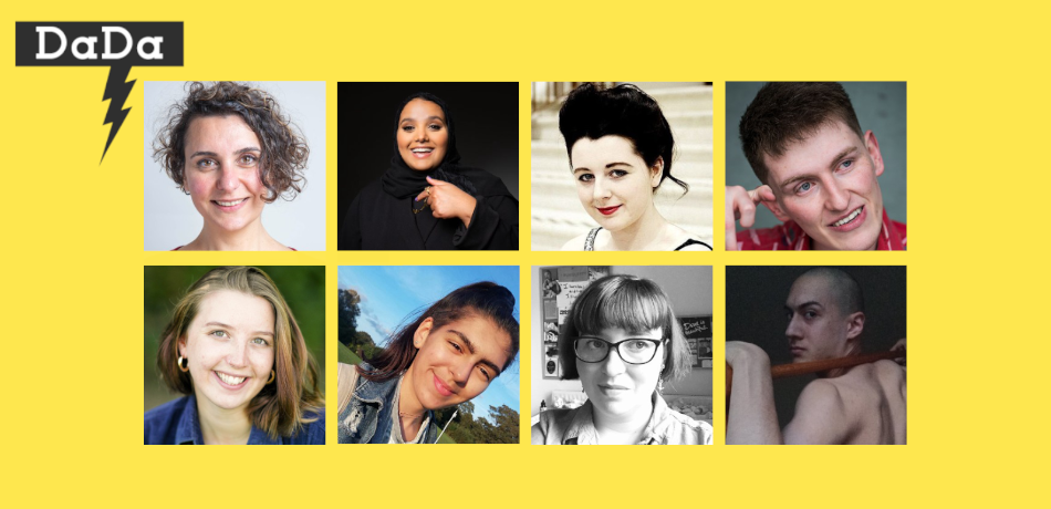 Headshots of the DaDa Fellows, eight diverse artists on a yellow background alongside the DaDa logo, which is a lightning bolt-shaped speech bubble