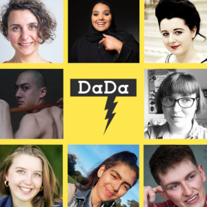 Headshots of the DaDa Fellows, eight diverse artists on a yellow background alongside the DaDa logo, which is a lightning bolt-shaped speech bubble