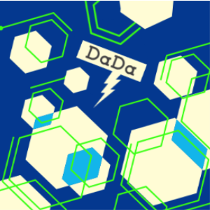 Geometric patterns and the DaDa logo on a blue background