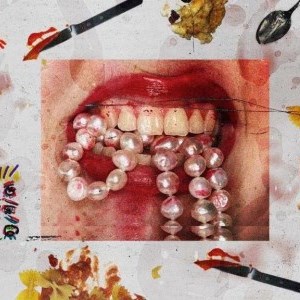 Image of a mouth biting a pearl necklace against a backdrop which resembles a dirty tablecloth