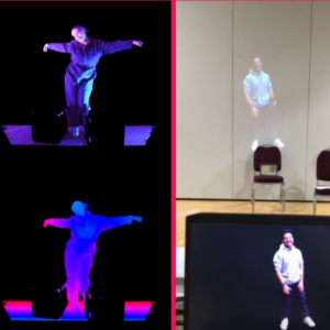 Two images side by side showing performers appearing via augmented reality