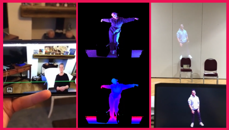 Two images side by side showing performers appearing via augmented reality