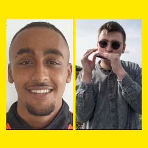 Headshots of two young men, Mal Lidgett and Oliver Cross, against a yellow background
