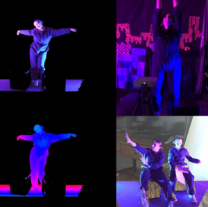 A collage of images of performer, Rhiannon May, in various different poses all lit in purple and pink lighting