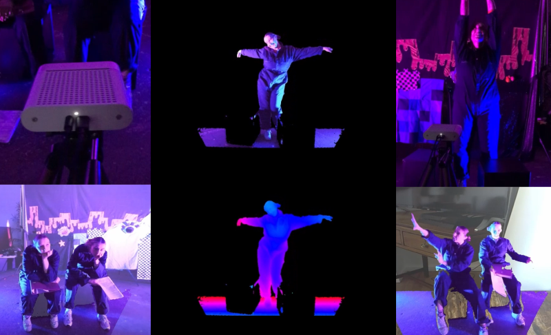 A collage of images of performer, Rhiannon May, in various different poses all lit in purple and pink lighting