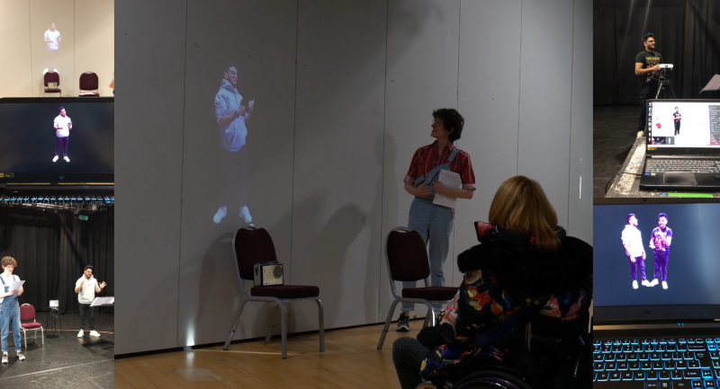 A young performer stood opposite a BSL interpreter projected on the wall