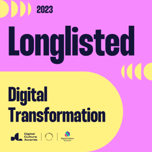 Digital banner with a pink & yellow colour-scheme reading '2023 Longlisted Digital Transformation' above some small logos