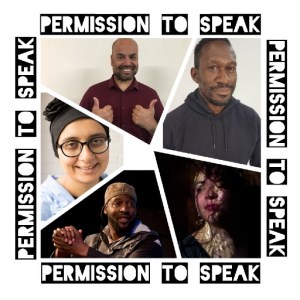 5 portraits of artists arranged like brown glass with the words 'Permission to Speak' around them