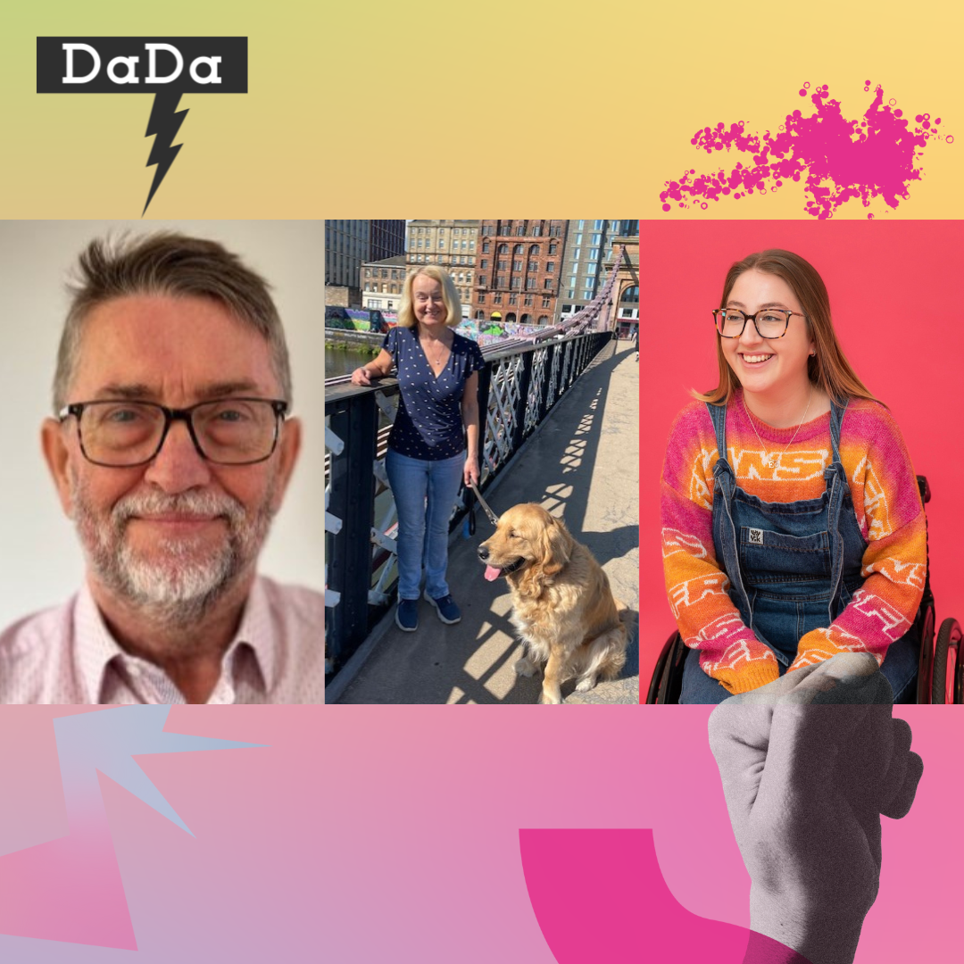 Images of Richard, Gill and Maisy are side by side on a pastel swirled background