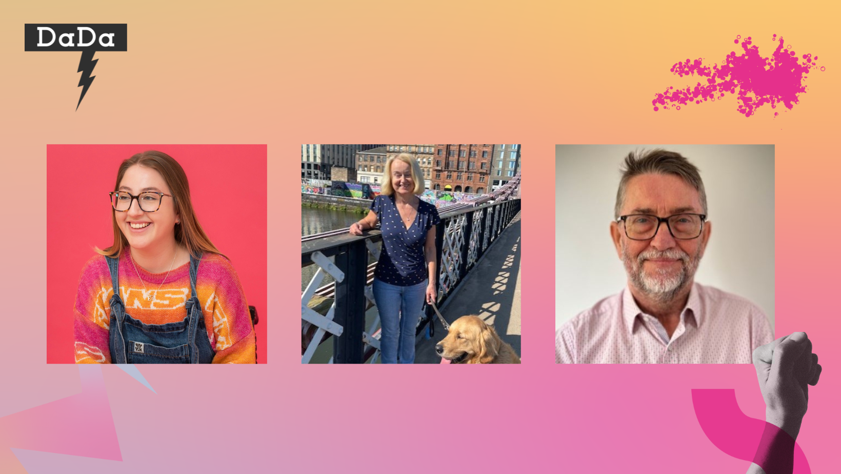 Images of Richard, Gill and Maisy are side by side on a pastel swirled background