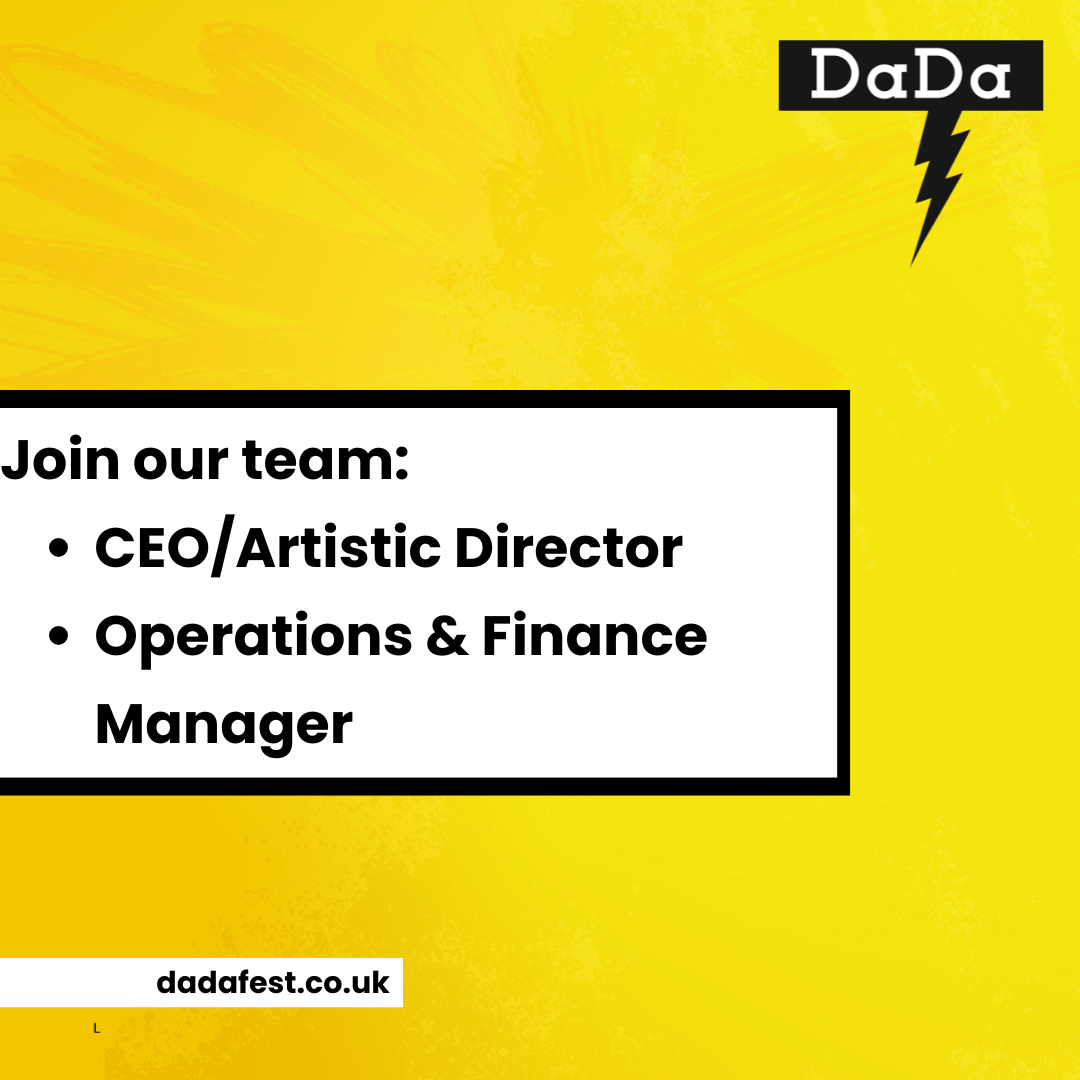 Yellow background 'Join our team: Ceo/Artistic Director, Operations & Finance Manager'