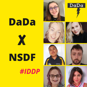 Headshots of young people alongside text reading 'DaDa x NSDF #IDDP' against a yellow background
