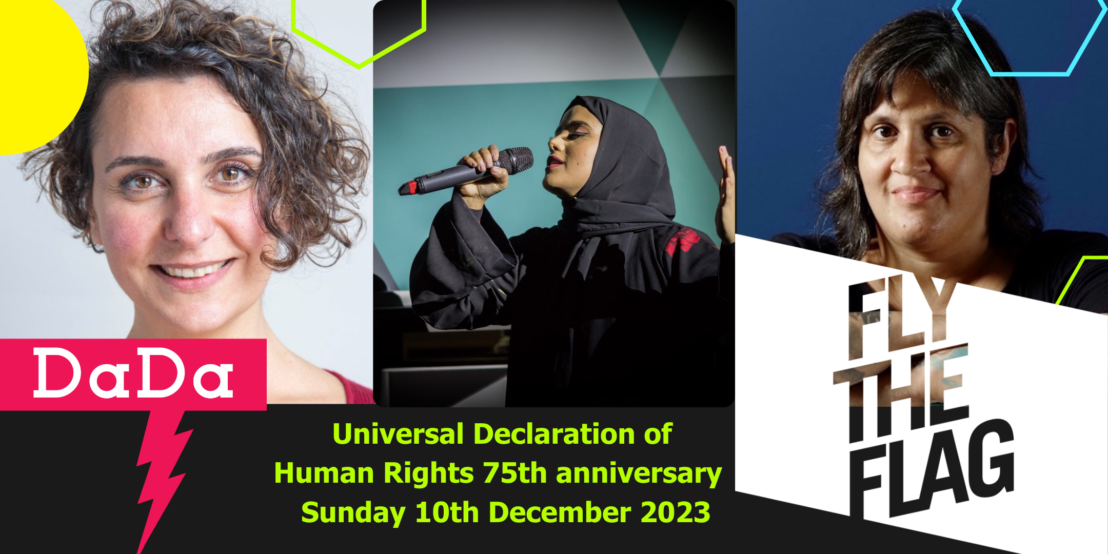 Banner image of headshots of Alia Alzougbi, Amina Atiq and Dolly Sen with Fly the flag logo between, DaDa logo above.