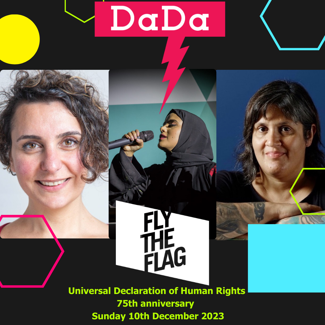 Banner image of headshots of Alia Alzougbi, Amina Atiq and Dolly Sen with Fly the flag logo between, DaDa logo above.