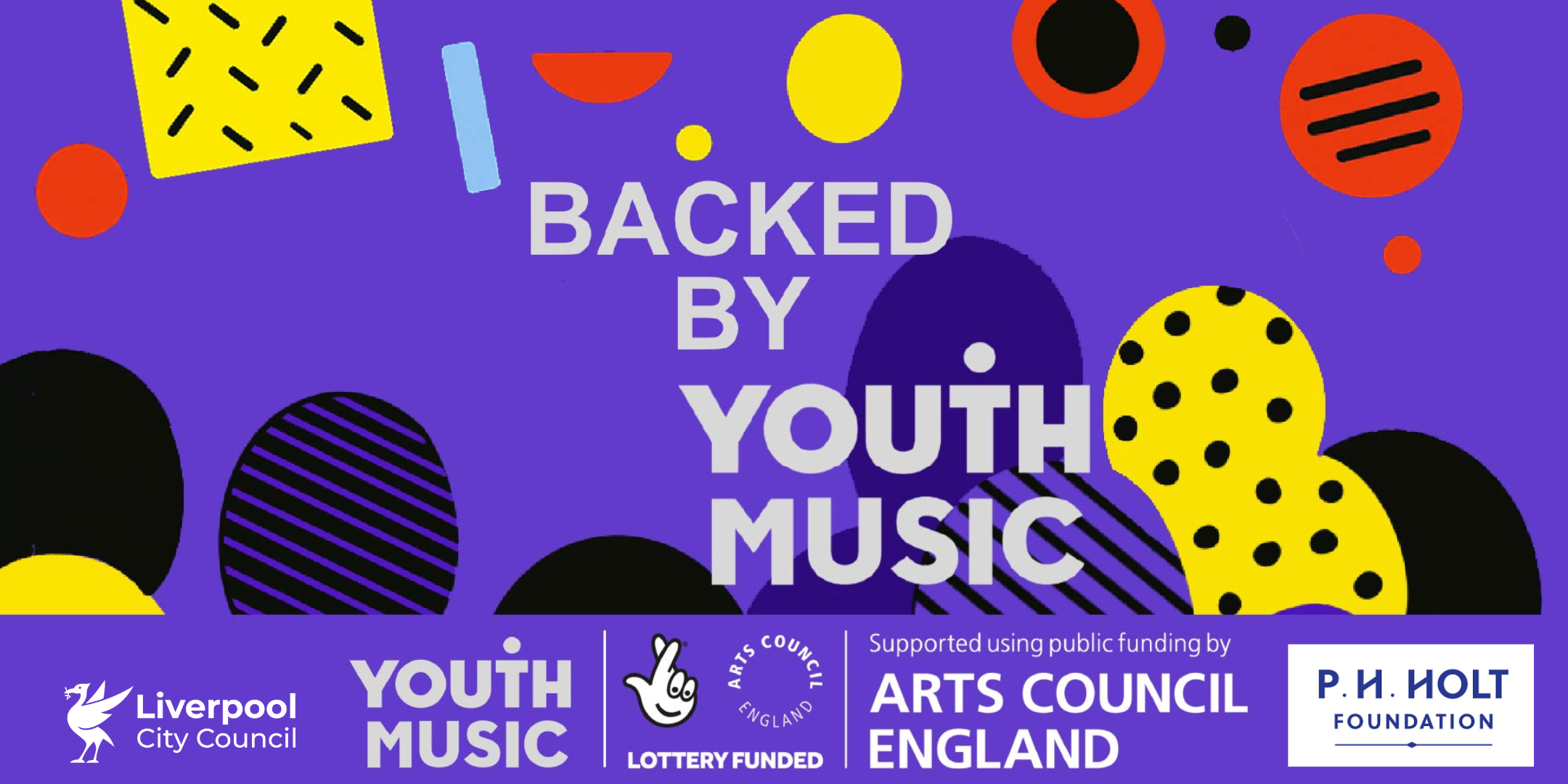 Purple background with colourful geometric shapes.  Wording reads 'Backed by Youth Music'