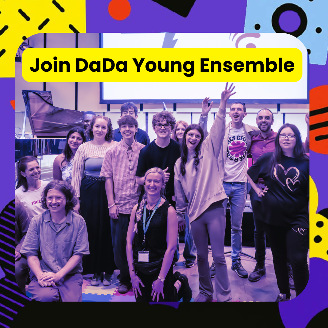 A group of young musicians are gathered together in front of a stage. They are smiling and celebrating.