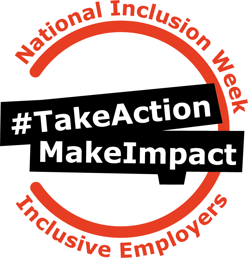 National inclusion Week Logo. Inside a red circle reads #TakeActionMakeImpact