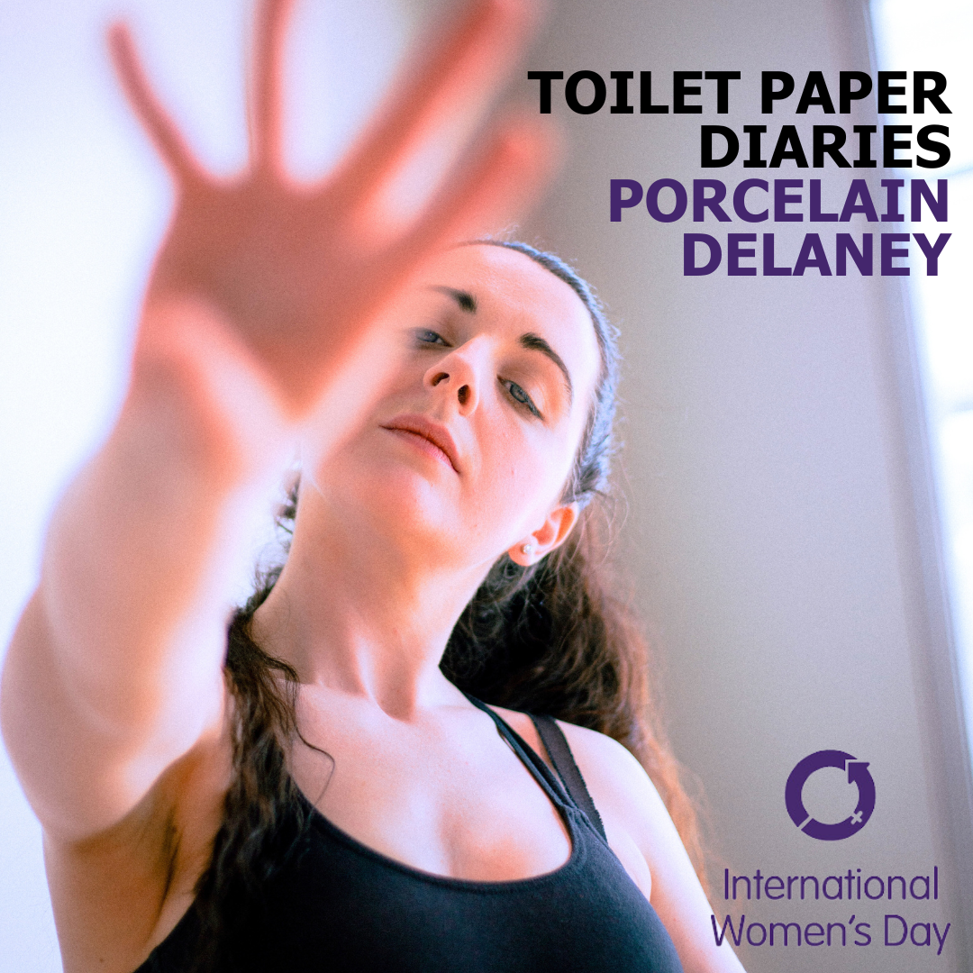 Porcelain wearing black leotard holds 4 fingers up to the camera. The IWD logo is bottom right