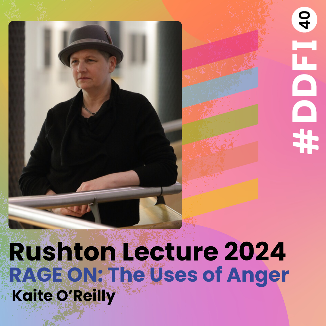 Image of Kaite O'Reilly over a pastel background with coloured geometric shapes. A DDFI40 logo is to the right.