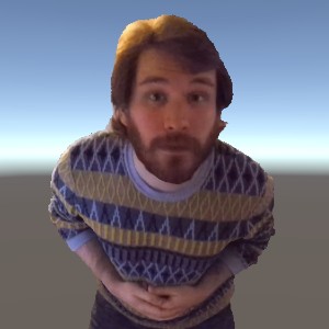 A bearded person leans forward in a virtual space 