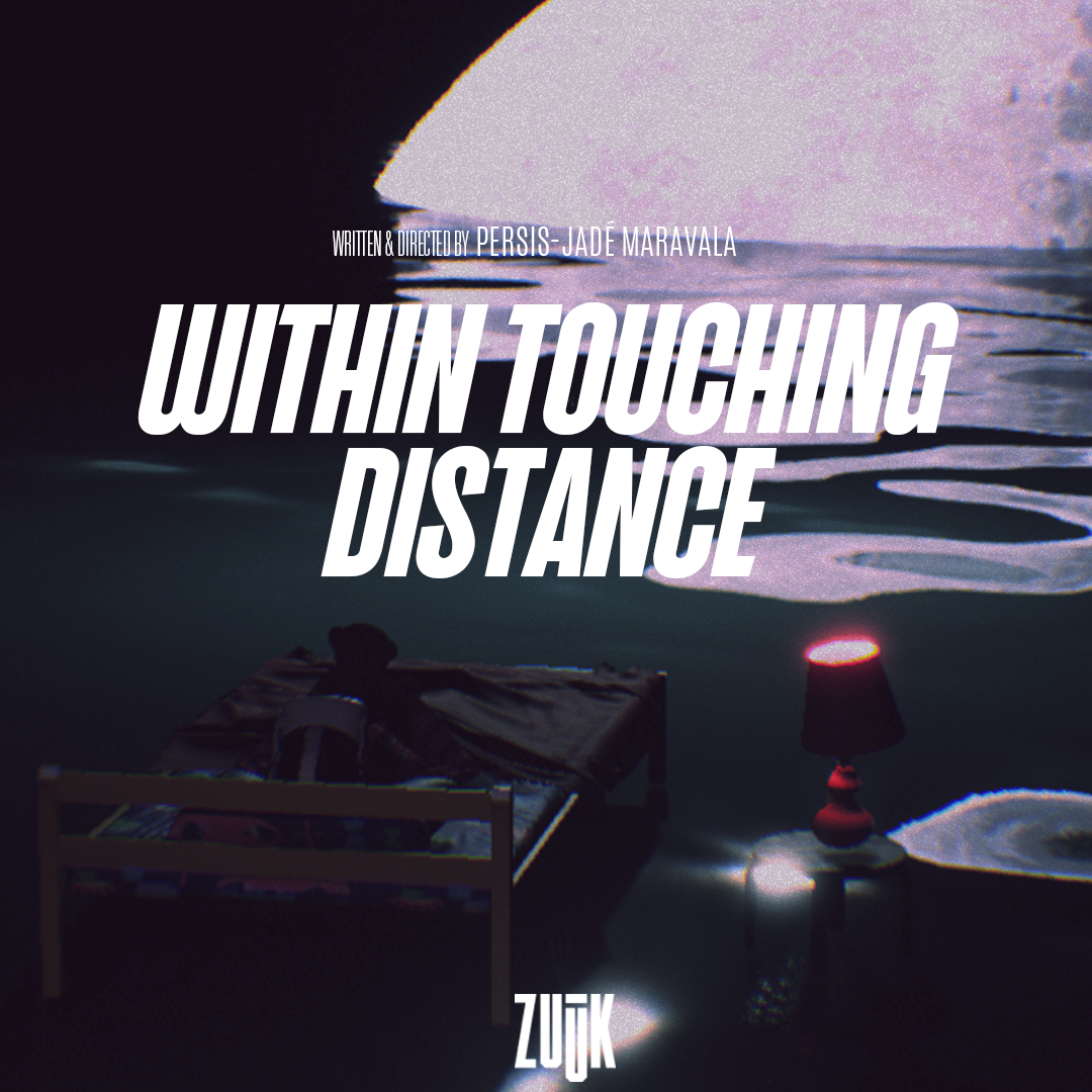 Within Touching Distance promo poster. A person lies in bed facing away from us, holding a teddy and wearing a VR headset.  Ahead of them a large moon