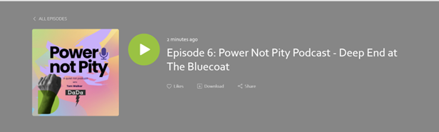 Screenshot of a podcast screen with a grey background, the podcast logo to the left and a green play button