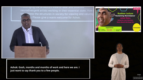 Rushton Lecture youtube screenshot of Ashok speaking with BSL