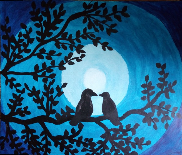 A painting in soft, blue and black tones. Two birds in a tree are silhouetted in black against concentric circles in different shades of blue