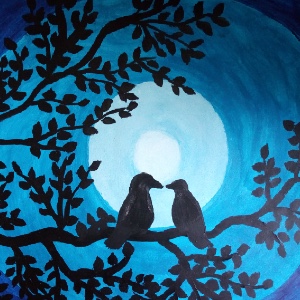 A painting in soft, blue and black tones. Two birds in a tree are silhouetted in black against concentric circles in different shades of blue