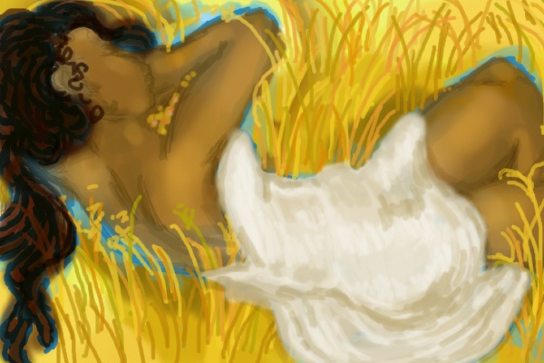 A painting in soft, warm tones of a young black woman with long brown hair, asleep on her side in a field