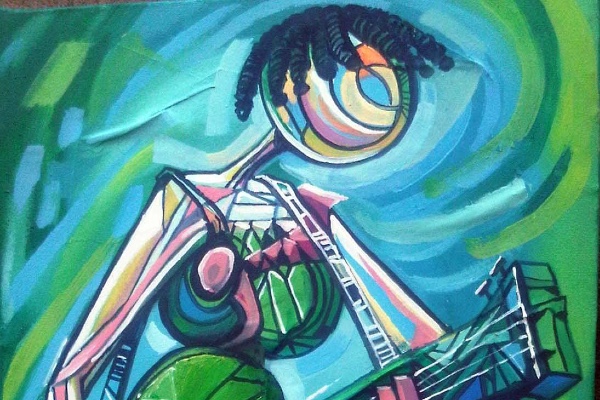 A stylized, kaleidoscopic-type painting of a guitarist in blue, green, pink and yellow tones