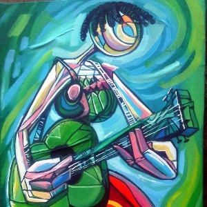 A stylized, kaleidoscopic-type painting of a guitarist in blue, green, pink and yellow tones