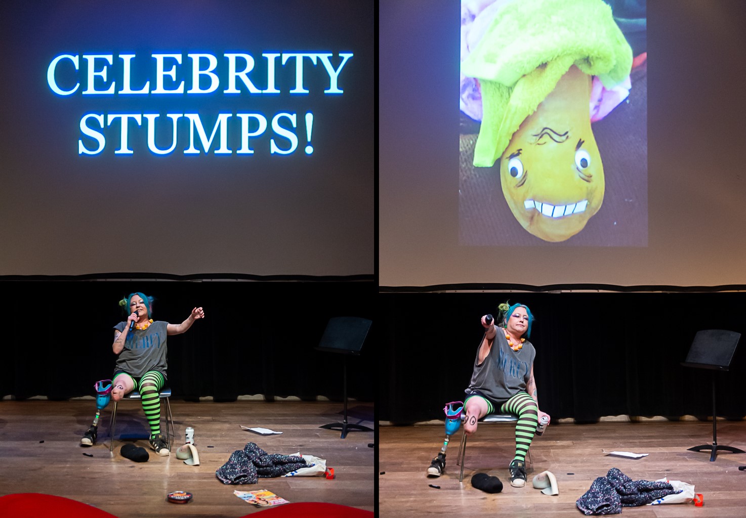 Images side by side, one of Jackie Hagan in front of a screen that says 'Celebrity Stumps', in the next it bears an image of her 'stump' painted an orange colour with a face drawn on it, with a yellow towel draped over it to resemble hair.  