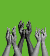 a photograph of hands reaching into the air on a green background.