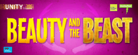 A graphic with the words Beauty and the Beast in golden letters on a vibrant purple background.