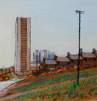 Everton Heights, looking North 1968 in black felt pen, acrylc & oil pastel, on smooth unprimed hardboard